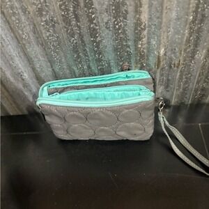 Gray Quilted Circle Wristlet Pouch Teal Interior Clutch Wallet Organizer